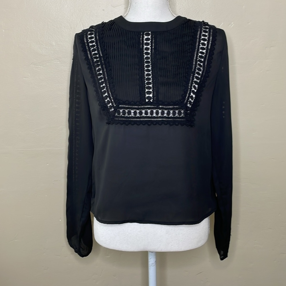 PAPER CRANE Blouse Black Pin Tuck Pleats Open Crochet Trim Georgette Fabric Med